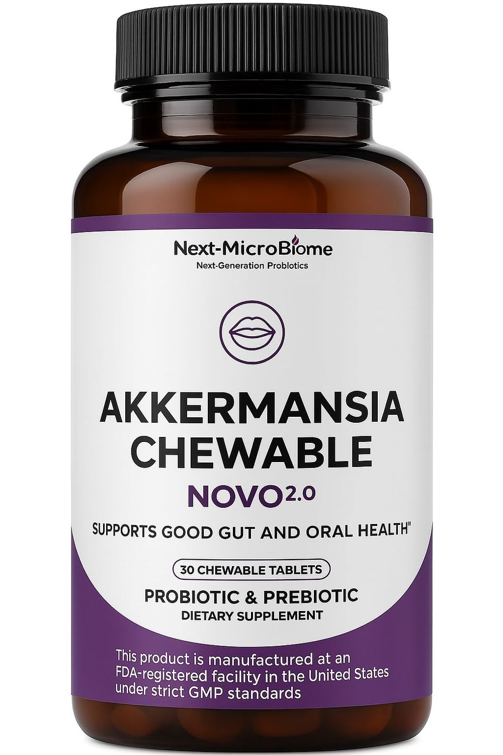 Chewable Akkermansia Probiotic and Prebiotic Supplement NOVO 2.0 with HMO, Supports Gut and Oral Microbiome, Supplements for Digestive Health and Skin Vitality, Targeted Delivery, 30 Tablets