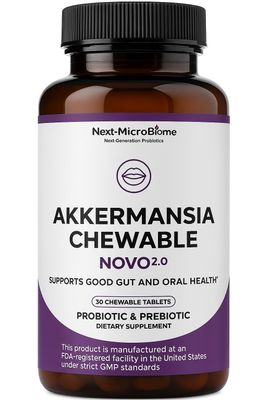 Chewable Akkermansia Probiotic and Prebiotic Supplement NOVO 2.0 with HMO, Supports Gut and Oral Microbiome, Supplements for Digestive Health and Skin Vitality, Targeted Delivery, 30 Tablets