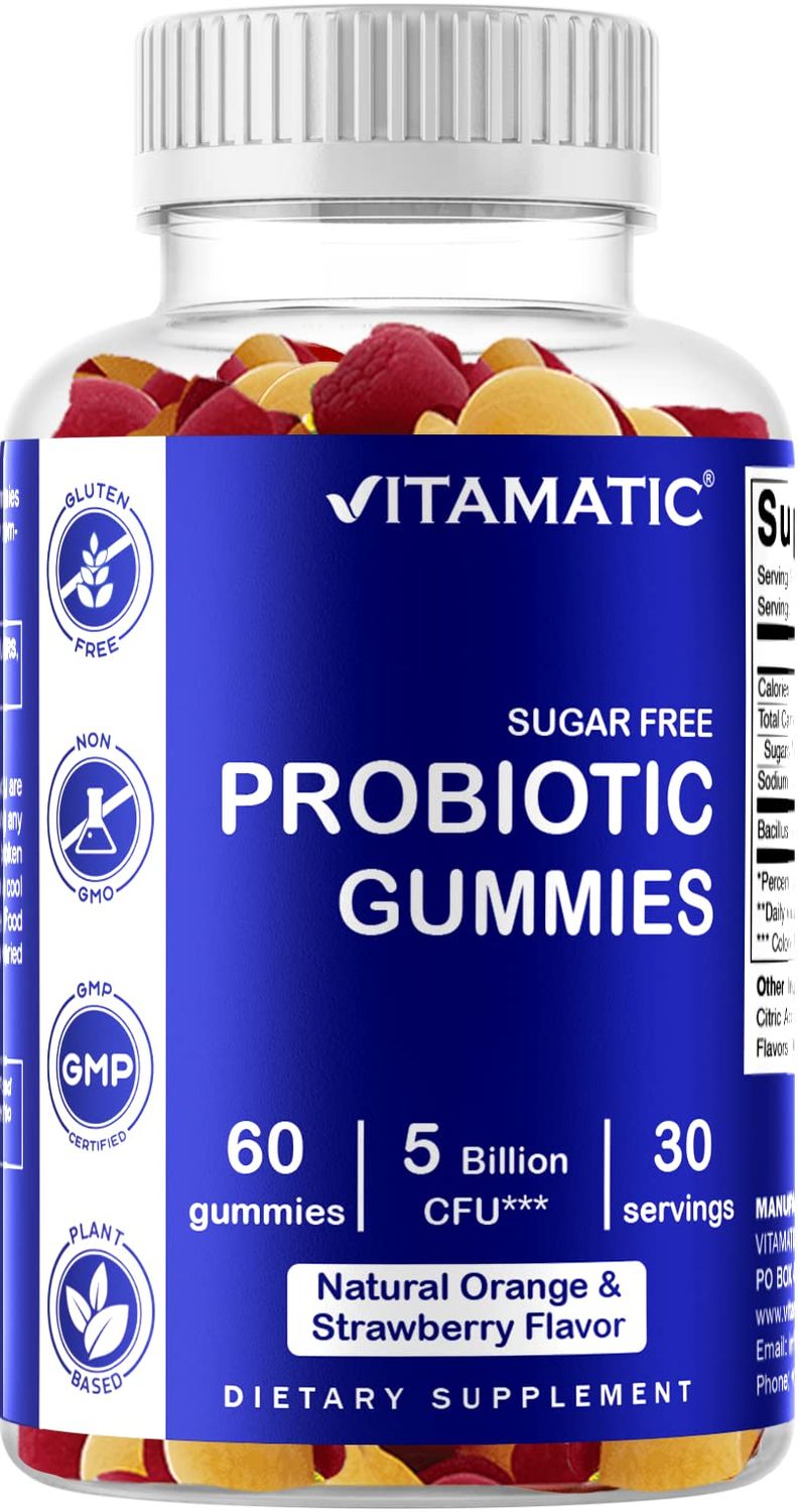 Vitamatic Probiotic Sugar Free Gummies for Men and Women - 5 Billion CFUs Digestive, Immune Gut Health Support - Gluten Free