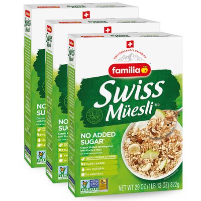 Familia Swiss Muesli Cereal, 0g Added Sugar, Energy-Packed Cereal with Raisins, Hazelnuts and Almonds, 29 Ounce Box (Pack of 3)
