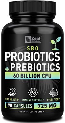 Probiotics and Prebiotics SBO Probiotics (60 Billion CFU 90 Capsules) Acidophilus Probiotic w. Saccharomyces Boulardii, Bifidobacterium Spore Probiotic Organic Sprouted Prebiotic Fiber Blend