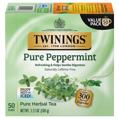 Twinings Pure Peppermint Tea - Naturally Caffeine Free, Refreshing Mint Herbal Tea Bags Individually Wrapped, 50 Count