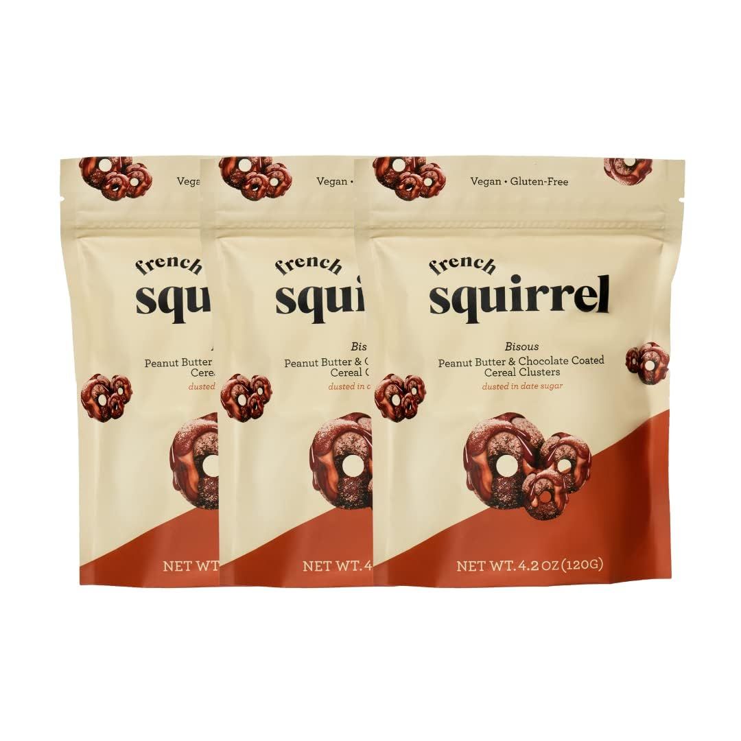 French Squirrel Vegan Chocolate Peanut Butter Cereal Clusters - Gluten Free Healthy Snack, Crunchy Chocolate Covered Cereal Bites (Pack of 3) - Low Sugar Bisous