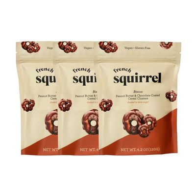 French Squirrel Vegan Chocolate Peanut Butter Cereal Clusters - Gluten Free Healthy Snack, Crunchy Chocolate Covered Cereal Bites (Pack of 3) - Low Sugar Bisous