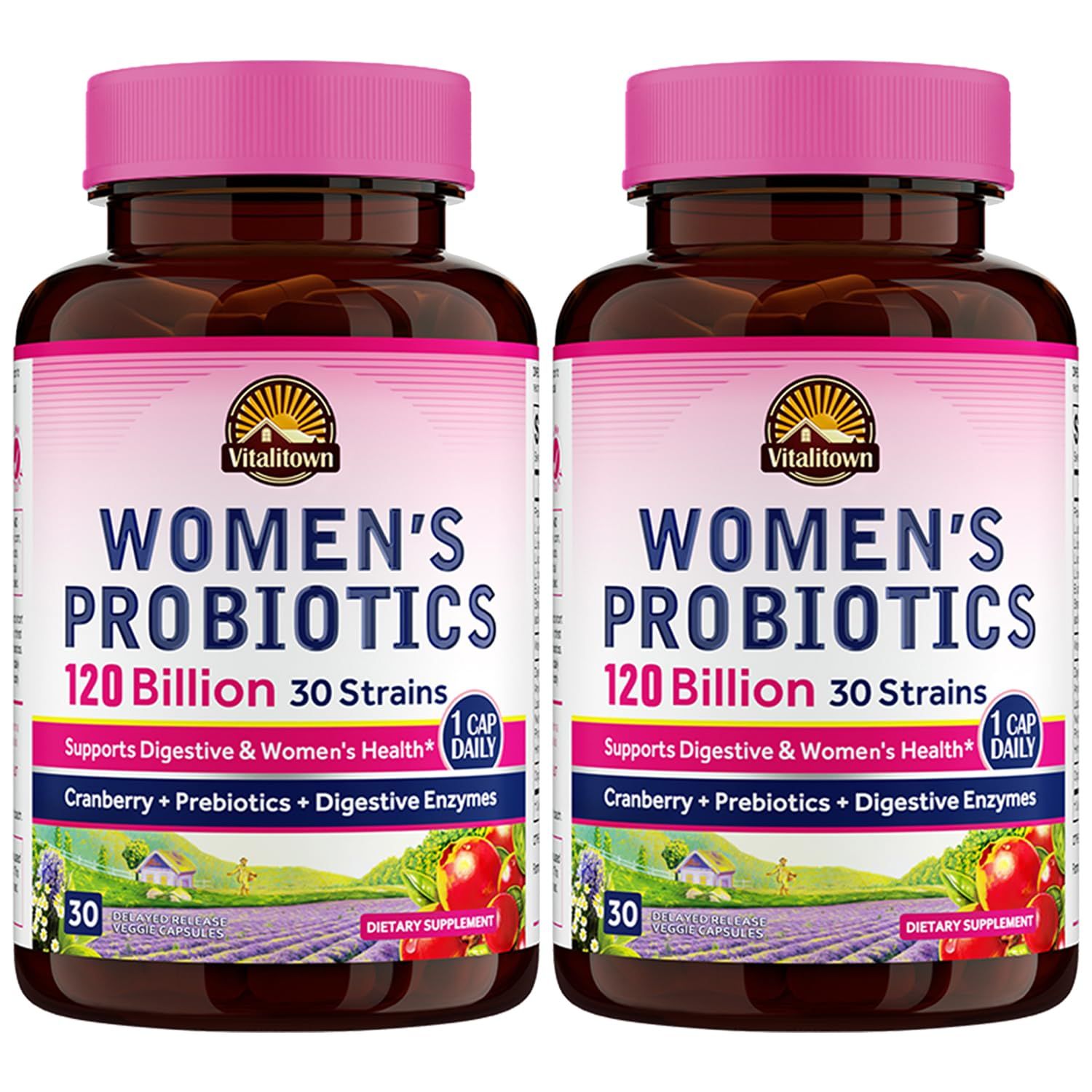 Vitalitown Women&#39;s Probiotics 120 Billion CFUs 1 Daily, 30 Strains, with Prebiotics Digestive Enzymes Cranberry, Gut Vaginal Health, Vegan 60 Delayed Release Caps