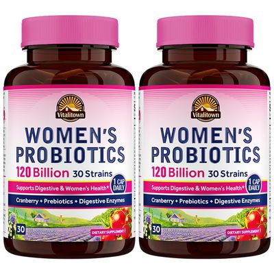 Vitalitown Women&#39;s Probiotics 120 Billion CFUs 1 Daily, 30 Strains, with Prebiotics Digestive Enzymes Cranberry, Gut Vaginal Health, Vegan 60 Delayed Release Caps