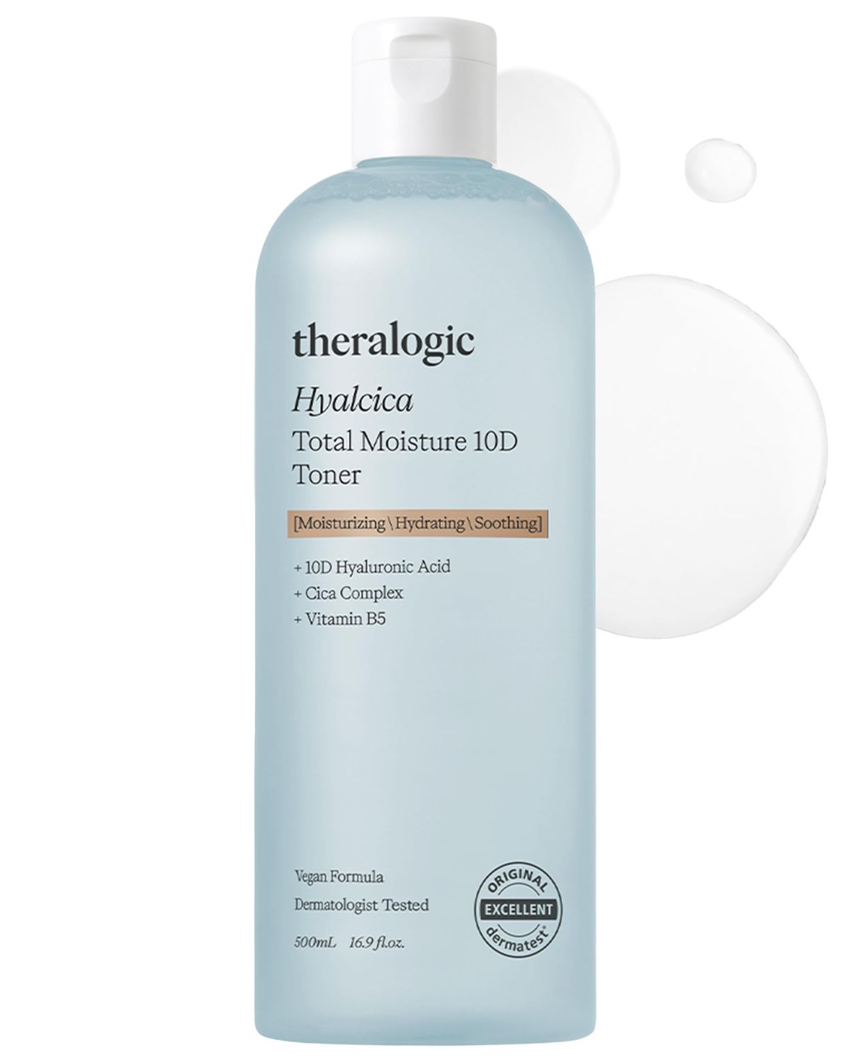 Theralogic Hyalcica Total Moisture 10D Toner - Vegan Moisturizing Soothing Korean Face Toner with 10 Hyaluronic Acid and CICA - Low pH Face Toning Water - Derma Tested, 16.9 fl.oz.