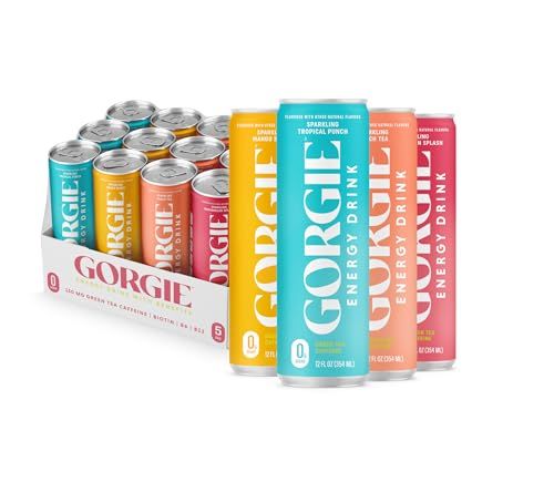 GORGIE Bestsellers Variety, Sugar-Free Natural Energy Drink Sparkling, Healthy Energy Drinks - Green Tea, Biotin, B Vitamins -150mg Caffeine, Vegan, Low Calorie (Pack of 12)