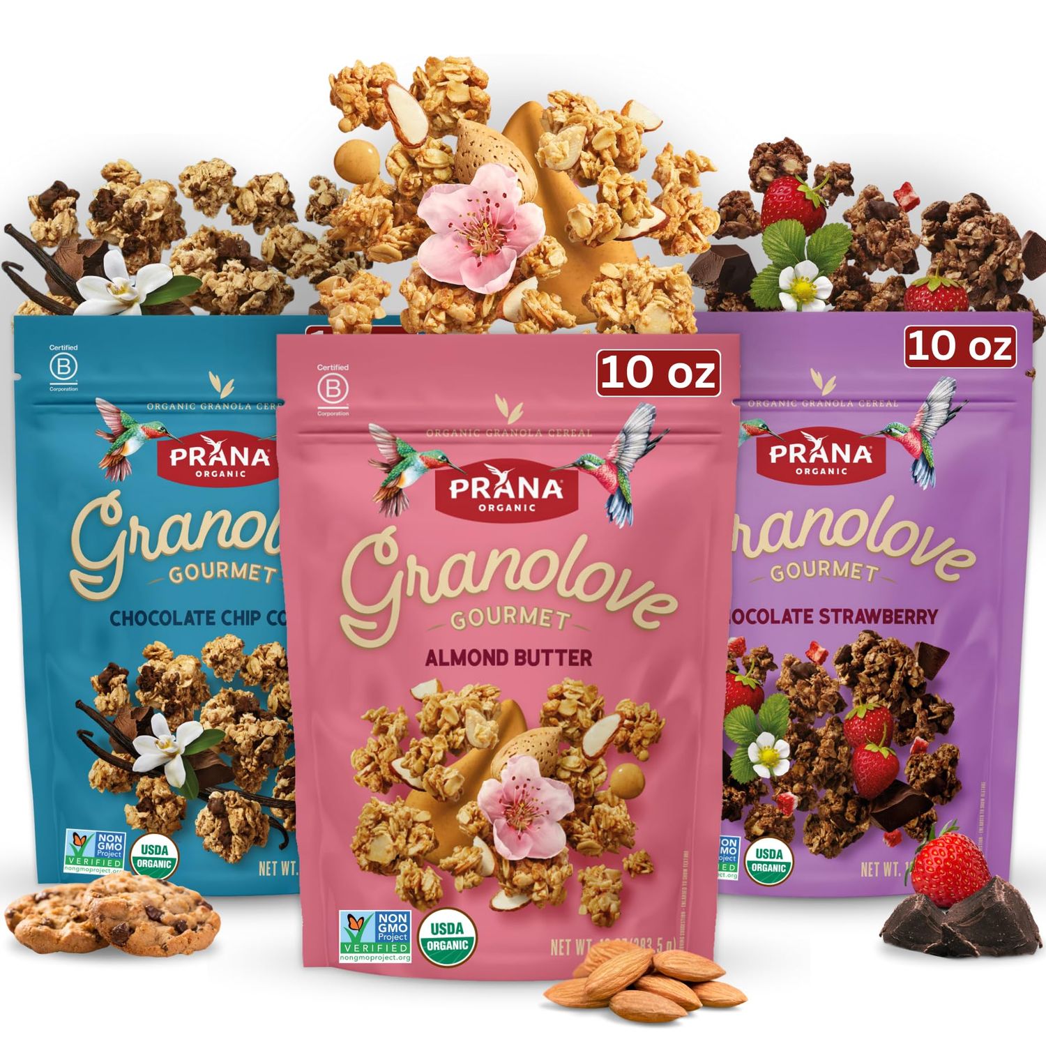 Prana Granolove Gourmet - 3 Variety Packs Organic Granola Cereal Rich in Fiber, Vegan, Non-GMO, Kosher Breakfast Snacks 10 oz Bags - 3 Pack