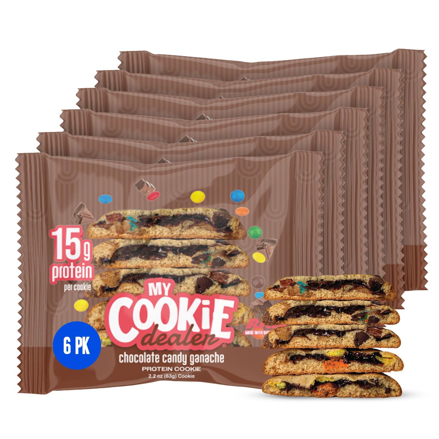My Cookie Dealer Protein Cookies, Chocolate Candy Ganache (6-Pack, 2.2oz Each) - 15g of RAW Nutrition Protein per Cookie - Individually Wrapped Travel Snacks