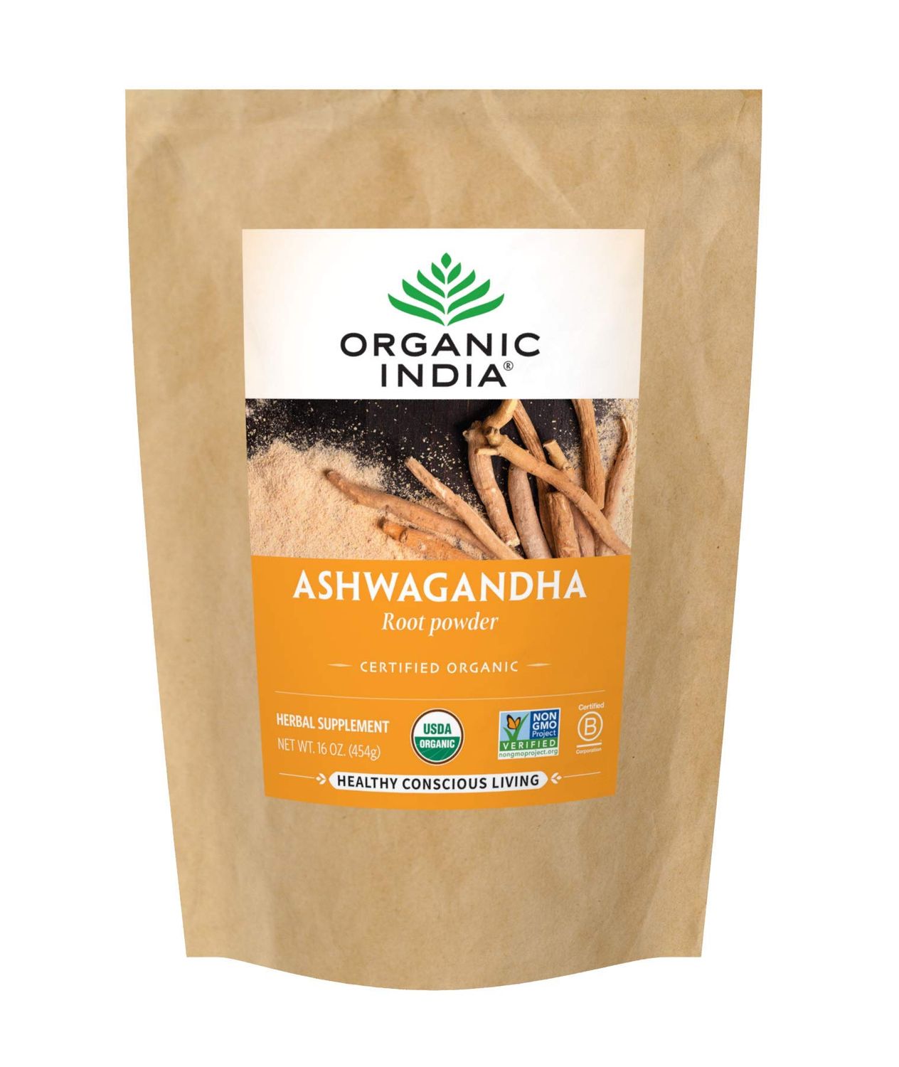 ORGANIC INDIA Ashwagandha Powder Organic - Ashwagandha Root Powder Bulk, Herbal Supplement - Vegan, Gluten-Free, Kosher, Non-GMO, Supports Stress Relief, Energy, and Sleep - 1lb Bag