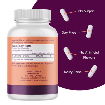 BESTVITE L-Carnitine Tartrate 500mg per Capsule (240 Capsules)(120x2) - No Stearates - Non GMO - Gluten Free