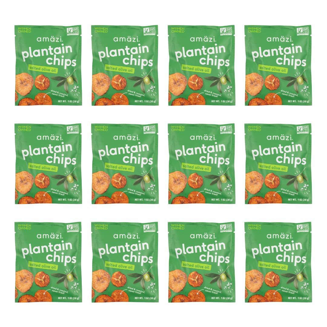 Am zi Foods Dried Roasted Salted Olive Oil Plantain Chips (12 Pack) All Natural Mini Travel Crunchy Dried Fruit Snacks Gluten Free Healthy Snacks