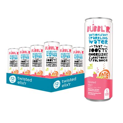 BUBBL&#39;R twisted elix&#39;r, Antioxidant Sparkling Water with Natural Caffeine, 0g Sugar, Gluten Free, All Natural Flavors, 12 Fl Oz Cans, 12 Count