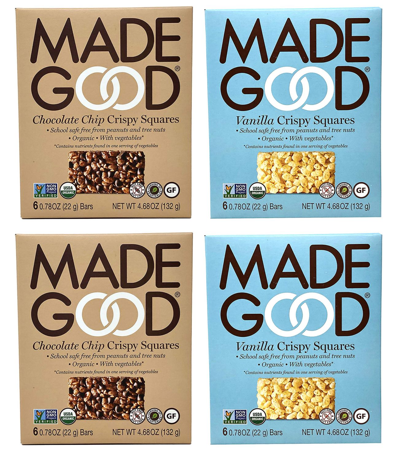 Made Good Organic Crispy Squares Variety Pack of 4 - Vanilla and Chocolate Chip Crispy Squares - Tree-Nut and Peanut-Free, Gluten-Free, Vegan, Kosher (12 Squares Per Flavor)