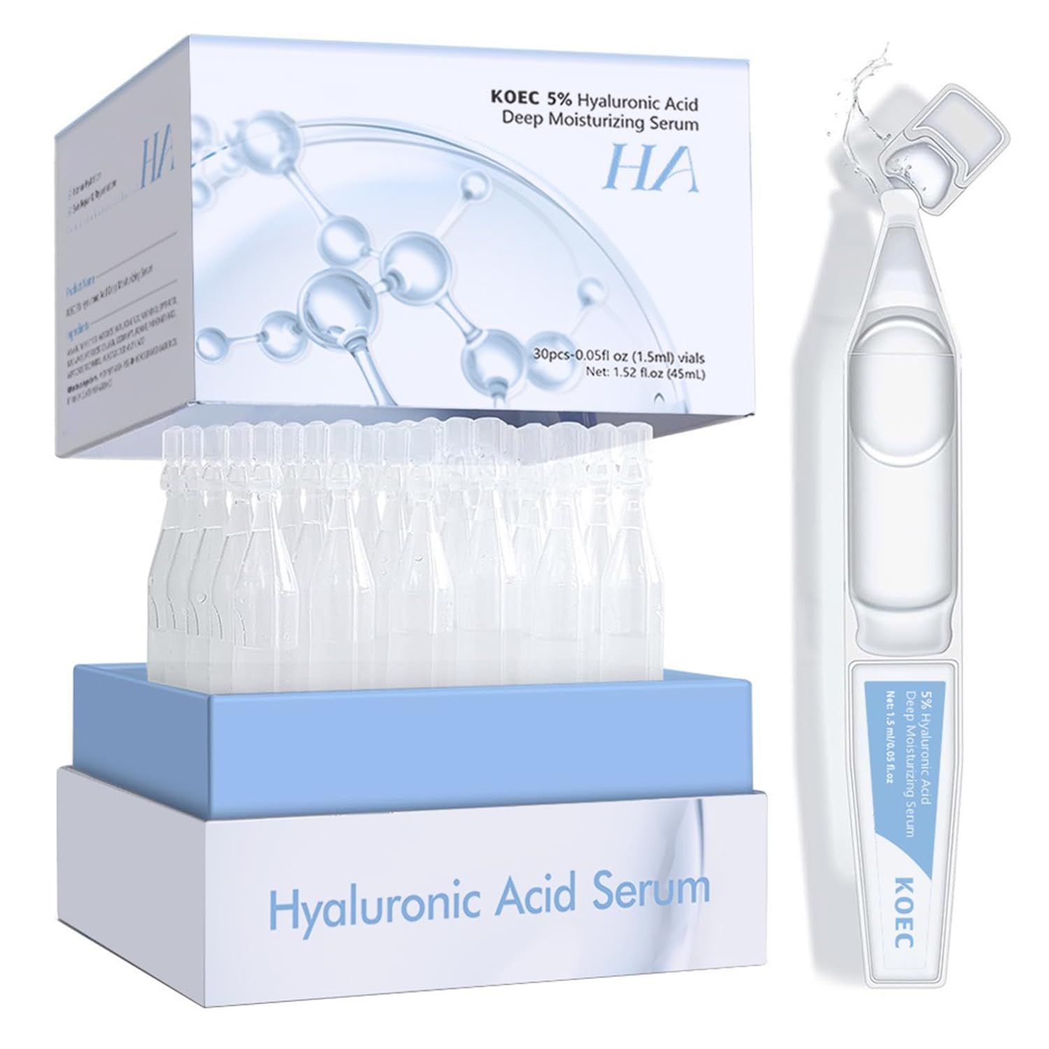 5 Hyaluronic Acid Deep Moisturising Serum, Facial Anti-Aging, Hyaluronic Acid Tube for Sensitive Skin, Pre-Makeup Hydration, Skin Repair Ultra-Moisturising Serum, 30 Vials