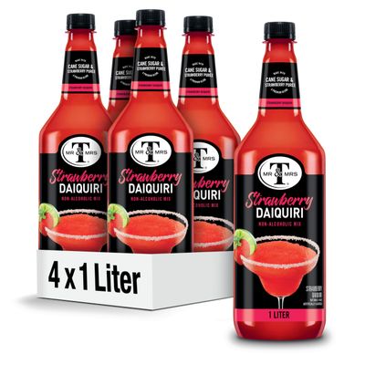 Mr Mrs T Strawberry Daiquiri Margarita Mix, 1 L bottle (Pack of 4), Strawberry Flavored Cocktail Mixer, Made with Cane Sugar, Perfect for Strawberry Daquiri Margaritas and Mocktail Drinks