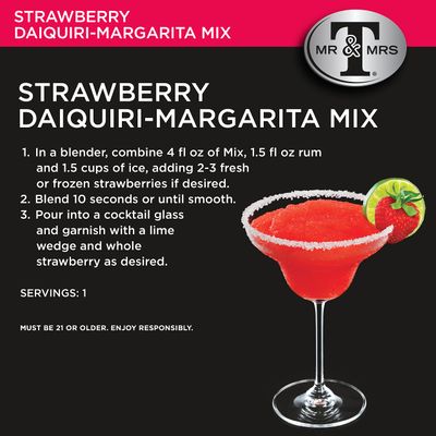 Mr Mrs T Strawberry Daiquiri Margarita Mix, 1 L bottle (Pack of 4), Strawberry Flavored Cocktail Mixer, Made with Cane Sugar, Perfect for Strawberry Daquiri Margaritas and Mocktail Drinks