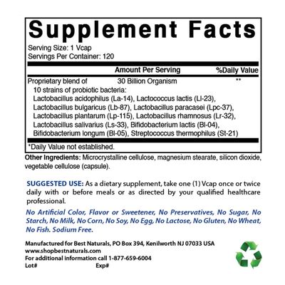 Best Naturals Probiotic 10 Strains 30 Billion Shelf Stable 120 Veggie Caps (120 Count (Pack of 2))