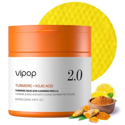 Vipop Turmeric Kojic Acid Cleansing Pads, 60 Pcs, Kojic Acid and Turmeric Scrub Pads for Deep Cleansing and Exfoliation, Gentle for Smooth Skin, and Balanced Complexion