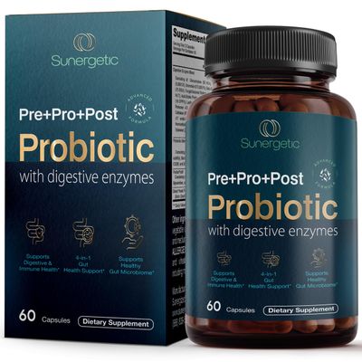 Premium 4-in-1 Probiotic Prebiotic, Postbiotic Digestive Enzymes for Men Women - Supports Gut, Digestion Immunity -Complete Gut Health with Pre, Post, Probiotics Digestive Enzymes-60 Capsules