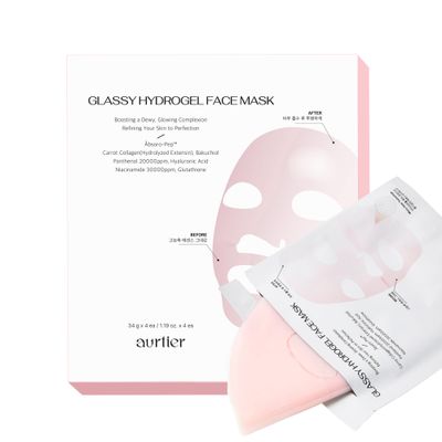 aurtier Glassy Hydrogel Face Mask, Deep Hydrating Overnight Hydrogel Mask for Dewy and Radiant Skin, Vegan Collagen, Preps Skin for Long-Lasting Makeup, Elasticity Improvement, 34g x4ea