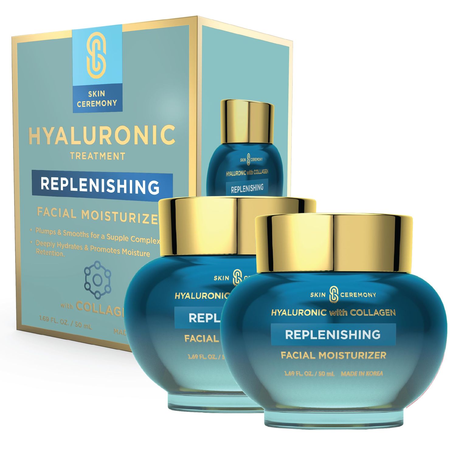 Skin Ceremony Hyaluronic Acid Collagen Replenishing Moisturizer - Deep Hydration Moisture Retention, Anti-Aging - Dermatologist Tested, Clean Beauty, Korean Skin Care - 1.69 FL.OZ. (2 Pack)