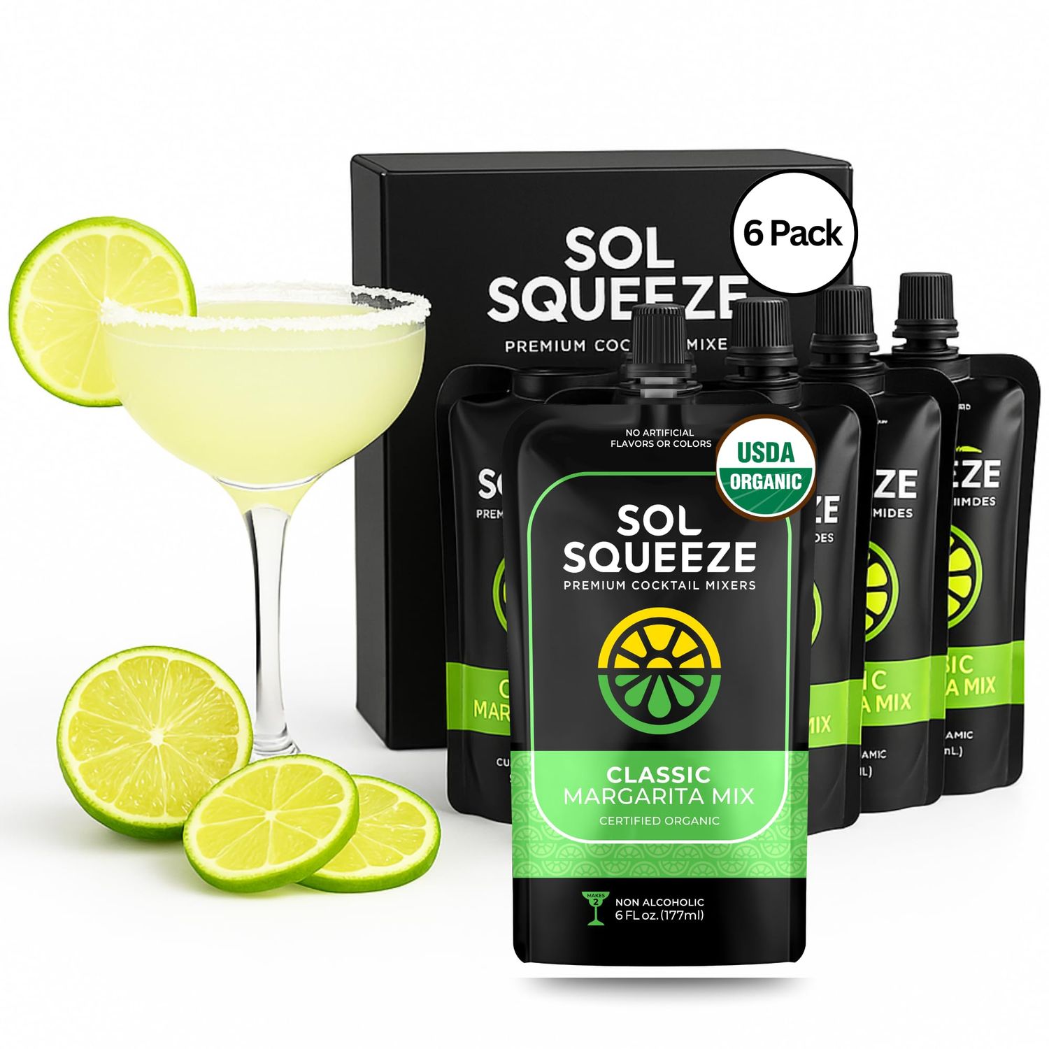 Organic Margarita Mix Cocktail Mocktail Drink Mixers Natural Flavor Non-GMO 2 Pouches Makes 2-4 Drinks Real Fruit Non-Alcoholic Gluten-Free (Sol Squeeze) (6 Pack)