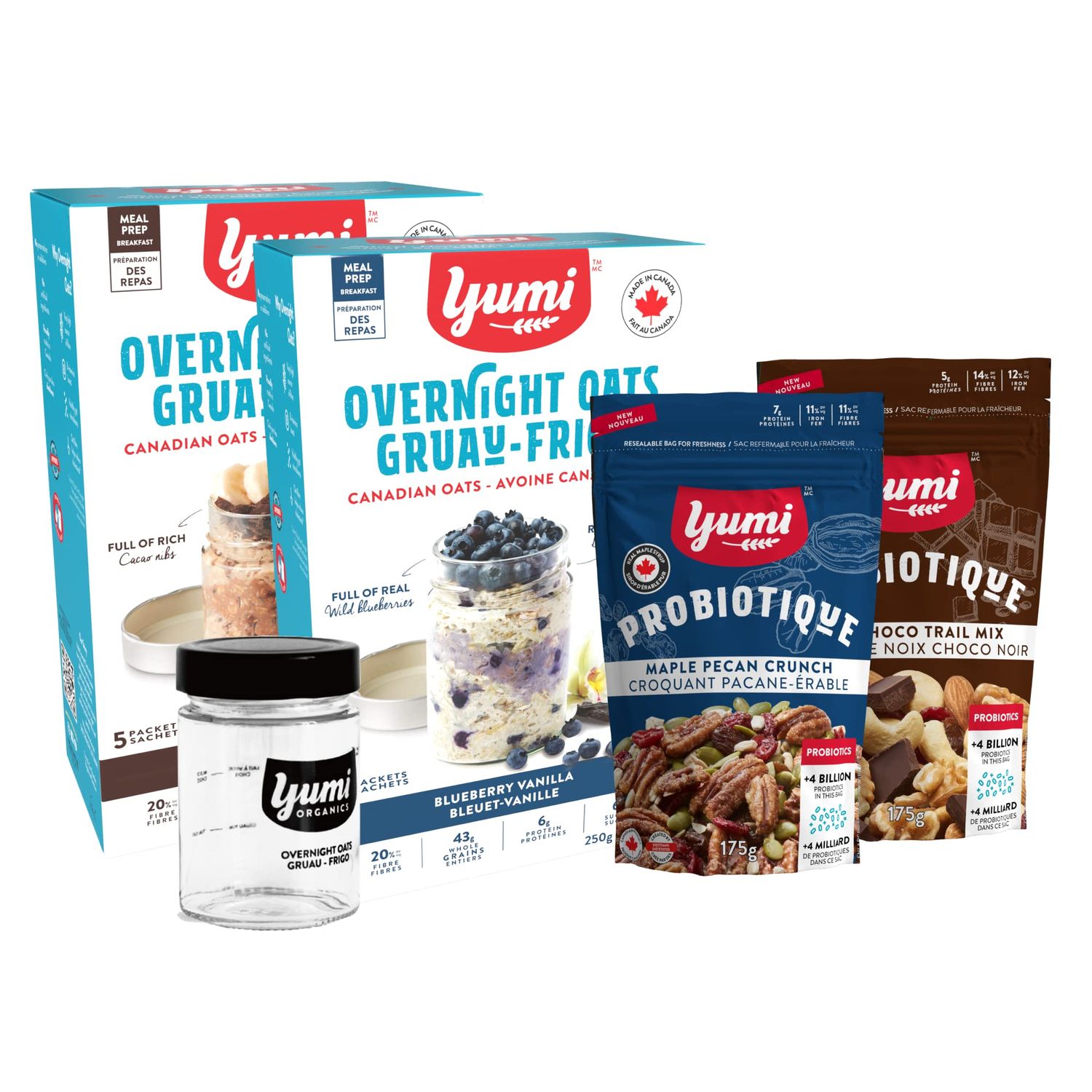Yumi Organics - Overnight Oats Starter Kit with Probiotic Trail Mix Toppings, High Protein, High Fiber, Low Sugar Organic Oatmeal (12 Pack 1 Free Glass Jar)