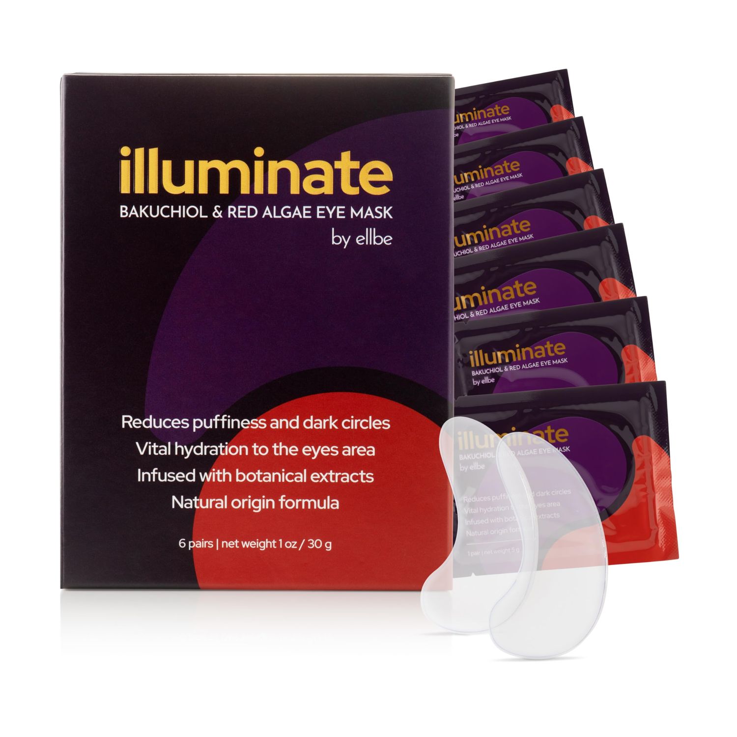 Illuminate Under Eye Mask: Reduces Puffiness and Dark Circles; Infused with Botanical Extracts, Bakuchiol, Red Algae Hyaluronic Acid - 6 Pairs. Biodegradable.