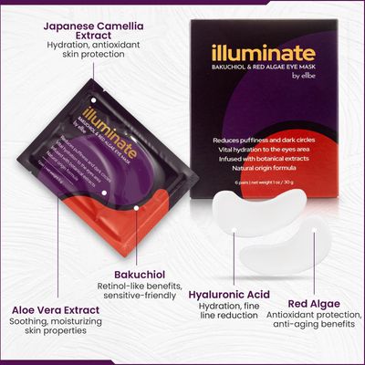 Illuminate Under Eye Mask: Reduces Puffiness and Dark Circles; Infused with Botanical Extracts, Bakuchiol, Red Algae Hyaluronic Acid - 6 Pairs. Biodegradable.