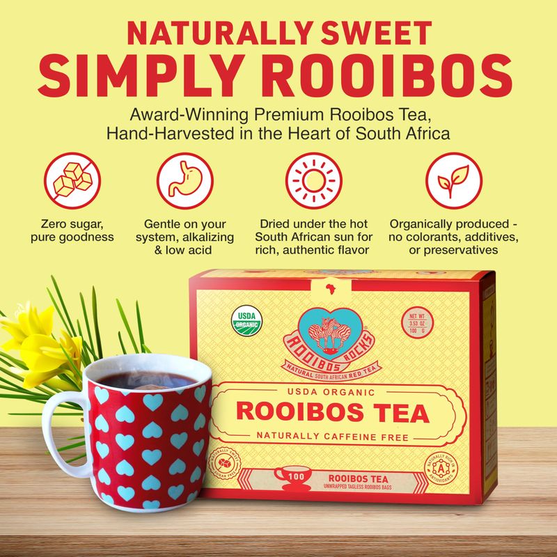 Organic Red Rooibos Tea Bags 100 Count - Naturally Sweet Herbal Tea Safe for Children Pregnant Women - Low Tannin, Premium South African Caffeine Free Tea Bags Sustainably Ethically Farmed