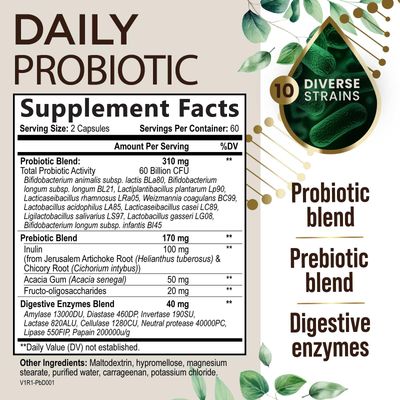 Probiotics 60 Billion CFU 10 Strains - Daily Probiotic for Immune, Digestive Gut Support, Prebiotics and Probiotics Supports Occasional Constipation, Gas Bloating for Women Men - 120 Capsules