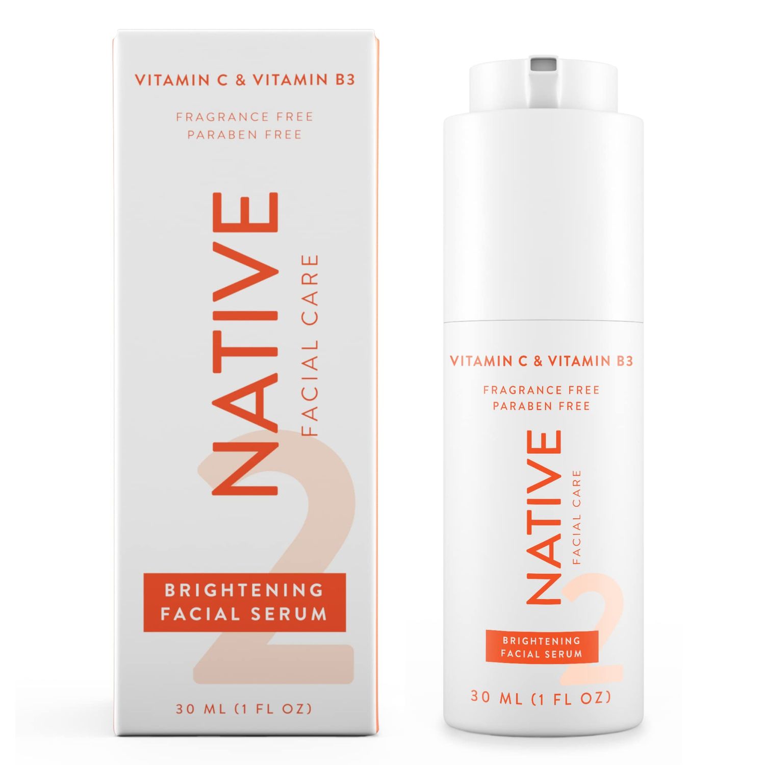 Native Brightening Facial Serum Contains Naturally Derived Ingredients Hydrating Serum with Vitamin C and Niacinamide, Vitamin B3, Revitalize and Repair Your Skin, Fragrance-Free, 30ml, 1 fl oz