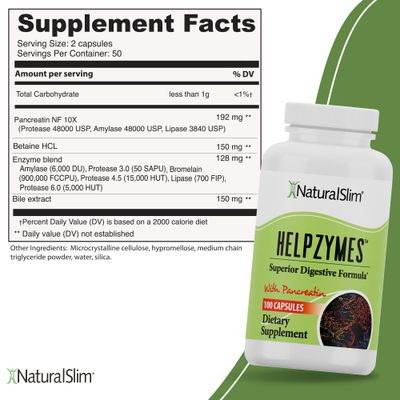 NaturalSlim Digestive Enzymes for Women Men - Helpzymes Essential Enzymes for Digestion, Gut Health, Gas Bloating Relief with Bromelain, Ox Bile, Pancreatin. Betaine HCL - 100 Capsules Solo