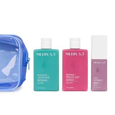 MEDIX 5.5 Best Sellers Travel Kit Skin Care Set - Retinol Body Lotion Glycolic Acid Exfoliating Body Wash 20 Vitamin F Body Oil 3PC Skincare Set Crepey Skin Care Treatment, 3 Piece Travel Kit