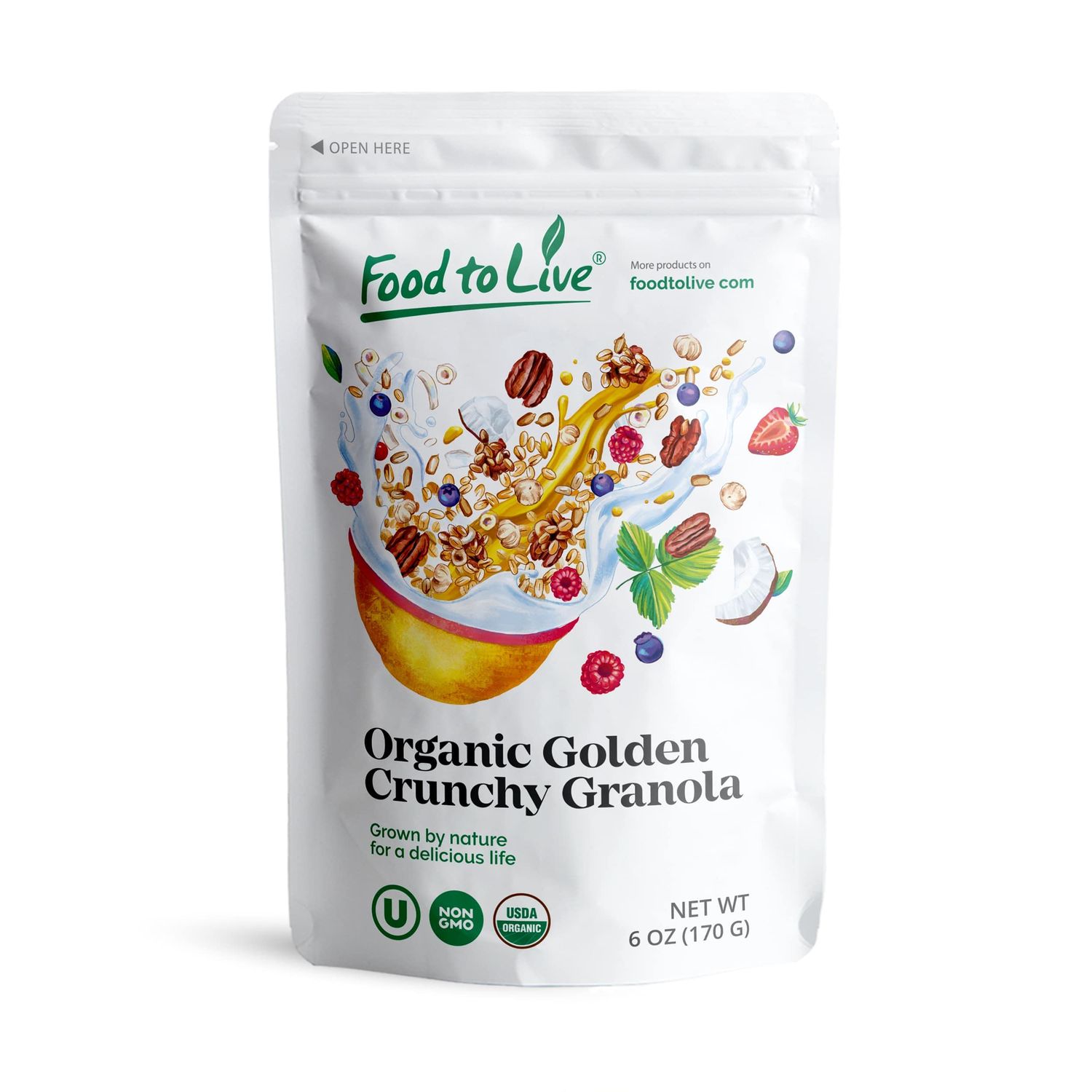 Food to Live Organic Golden Crunchy Granola, 6 Ounces - Small Batch, Handcrafted, Bulk, Great as Snack for Breakfast Cereals, Contains Hazelnuts, Pecan Nuts, Almonds, Coconut, Flax Sunflower Seeds