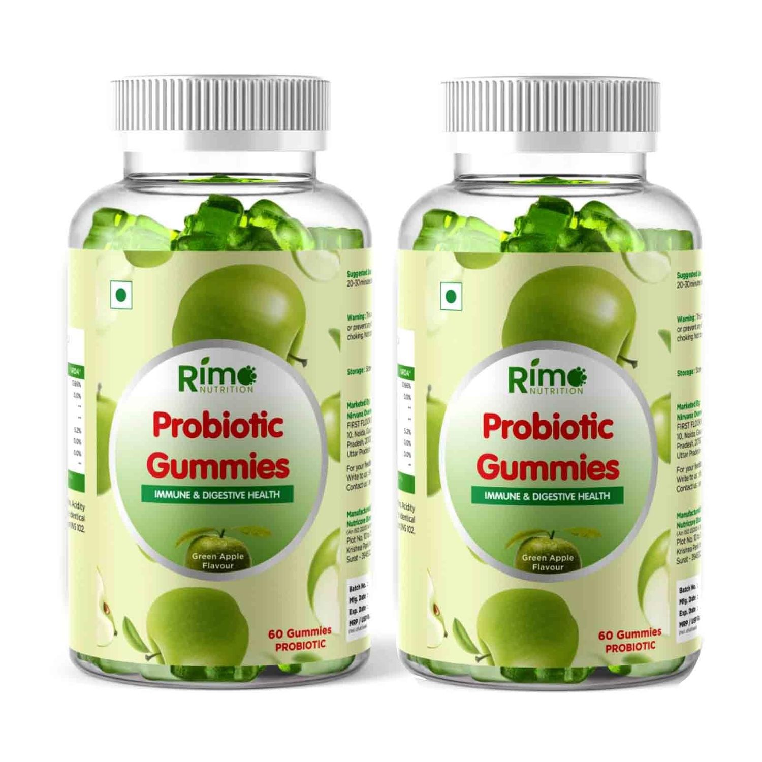 Rimo Nutrition Pack of 2 Green Apple 5 Billion CFU Probiotic Gummies, Chewable Supplement for Men and Women, 60 Day Supply - 60 Count Each (120 Count)