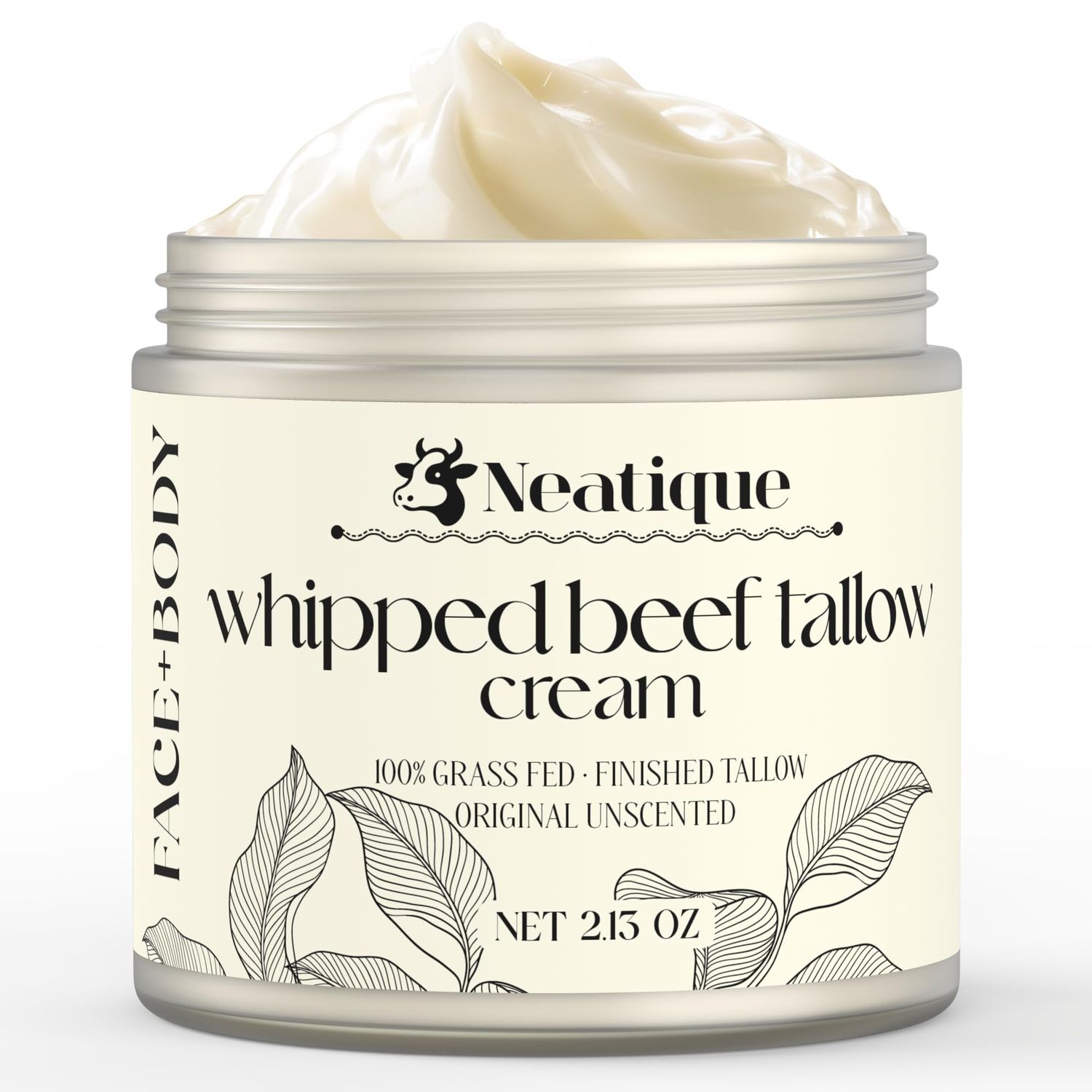 100 Grass Fed Beef Tallow for Skin Care by Neatique Face Body Whipped Moisturizer for Skin with Organic Beeswax Organic Honey Balm All Natural Formula, 2.13oz (Unscented)