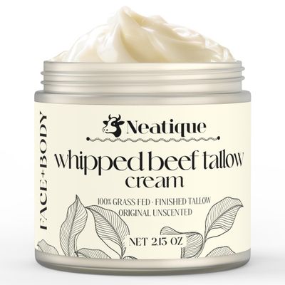 100 Grass Fed Beef Tallow for Skin Care by Neatique Face Body Whipped Moisturizer for Skin with Organic Beeswax Organic Honey Balm All Natural Formula, 2.13oz (Unscented)