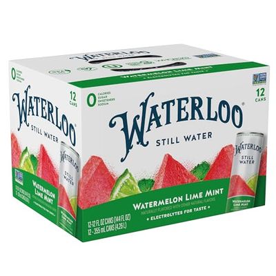 Waterloo Still Water, Watermelon Lime Mint Naturally Flavored Purified Water 12 Fl Oz Cans (Pack of 12) - Zero Calories and Zero Sugar or Sweeteners