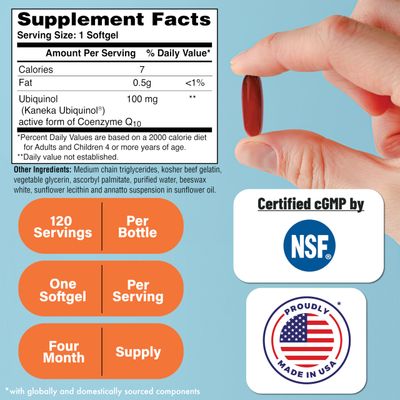 Health Thru Nutrition Ubiquinol 100mg 120 Softgels as Kaneka QH Reduced CoQ-10 Stabilized - 3rd Party Tested Enhanced Bioavailability Cardiovascular Mitochondria Function Support Non-GMO
