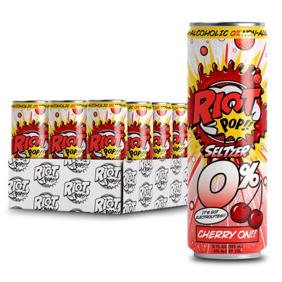 Riot Pop!! Cherry On!! - 0 Cherry Electrolyte-Infused Low-Carbonation Seltzer Water Beverage - 10 Calories, Gluten-Free, No Artificial Additives, 2g Sugar, Perfect For Mocktails 12 FL Oz (12 Count)