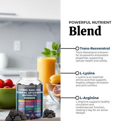 Sugar Free Gummies with Trans-Resveratrol, L-Lysine, L-Arginine, Fisetin, NR, NAD, ALA, TMG, Beet Root, Astaxanthin, SAM-e, DHEA, Vitamin B2 For Men, Women, Detox, Energy, Metabolism, Aging, Joints