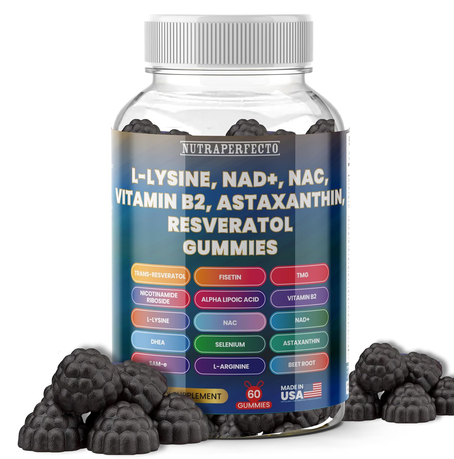 Sugar Free Gummies with Trans-Resveratrol, L-Lysine, L-Arginine, Fisetin, NR, NAD, ALA, TMG, Beet Root, Astaxanthin, SAM-e, DHEA, Vitamin B2 For Men, Women, Detox, Energy, Metabolism, Aging, Joints