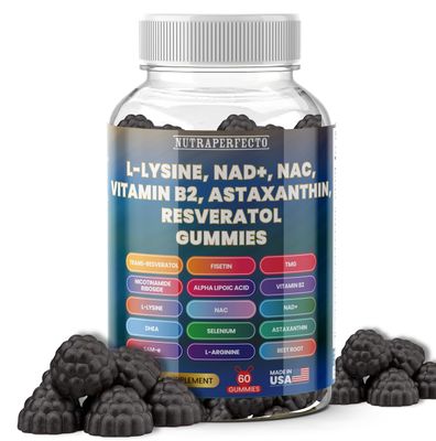Sugar Free Gummies with Trans-Resveratrol, L-Lysine, L-Arginine, Fisetin, NR, NAD, ALA, TMG, Beet Root, Astaxanthin, SAM-e, DHEA, Vitamin B2 For Men, Women, Detox, Energy, Metabolism, Aging, Joints