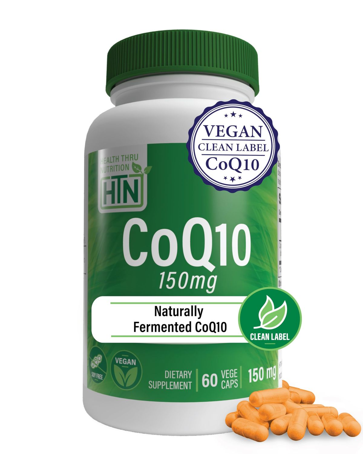 Health Thru Nutrition CoQ-10 150mg - 60 Capsules Ubiquinone Coenzyme Q10 Supports Cellular Energy Antioxidant Protection Non-GMO, Soy-Free, Vegan, Gluten-Free