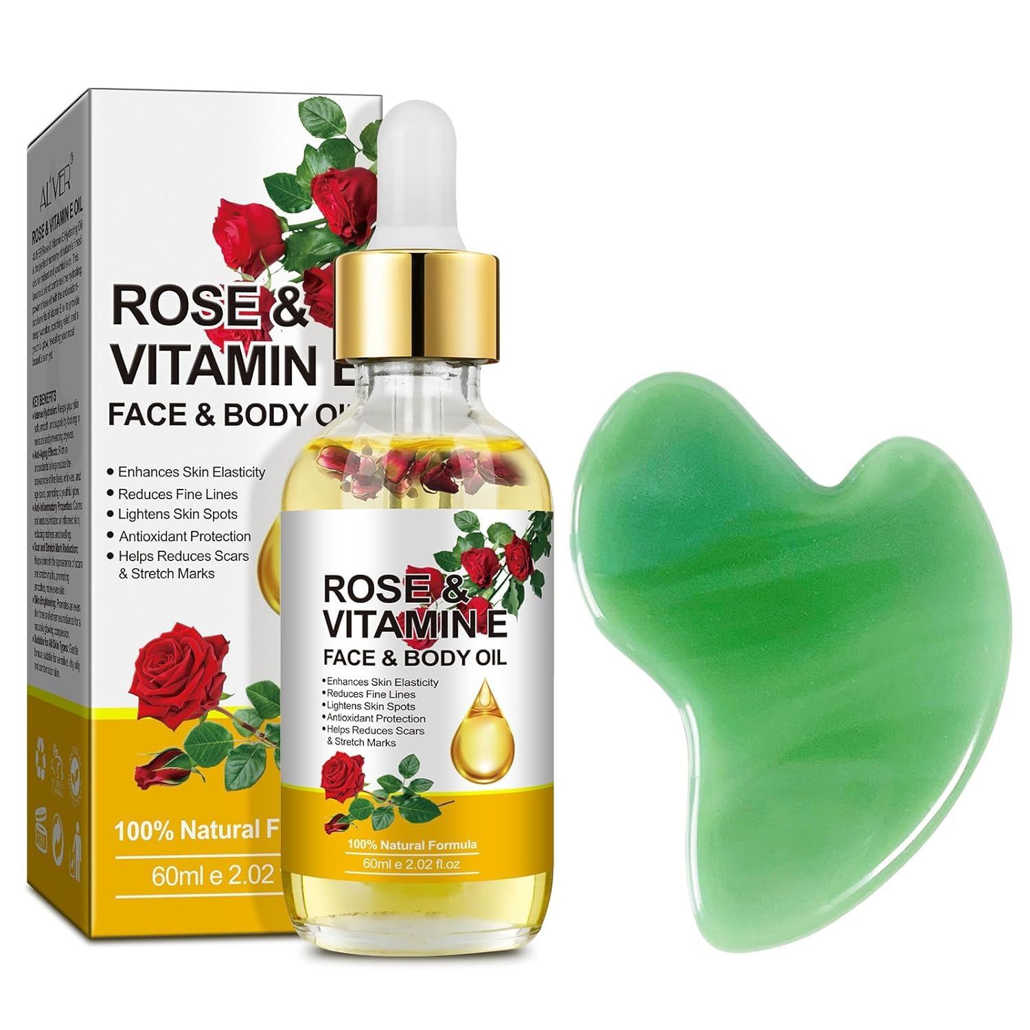 plomala Vitamin E Face Oil,Rose Vitamin E Oil with Gua Sha Massage Tools for Face Body,Organic Rose Oil for Moisturizing and Hydrating-2.02 fl.oz
