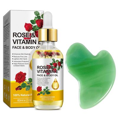 plomala Vitamin E Face Oil,Rose Vitamin E Oil with Gua Sha Massage Tools for Face Body,Organic Rose Oil for Moisturizing and Hydrating-2.02 fl.oz