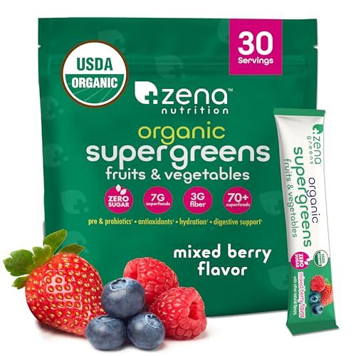 Zena Nutrition Organic Super Greens Powder, 70 Superfoods, 0 Sugar, 3G Fiber, Spirulina, Chlorella, Antioxidants, PrebioticsProbiotics, Digestive Enzymes, Mixed Berry, 30 Drink Mix Packets